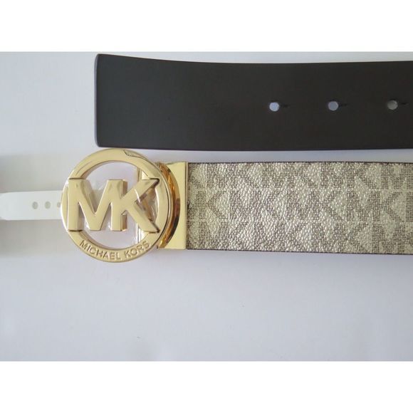 Michael Kors 556178C 715 Women Sz S Reversible Pale Gold/Chocolate Logo MK Belt - Picture 8 of 8